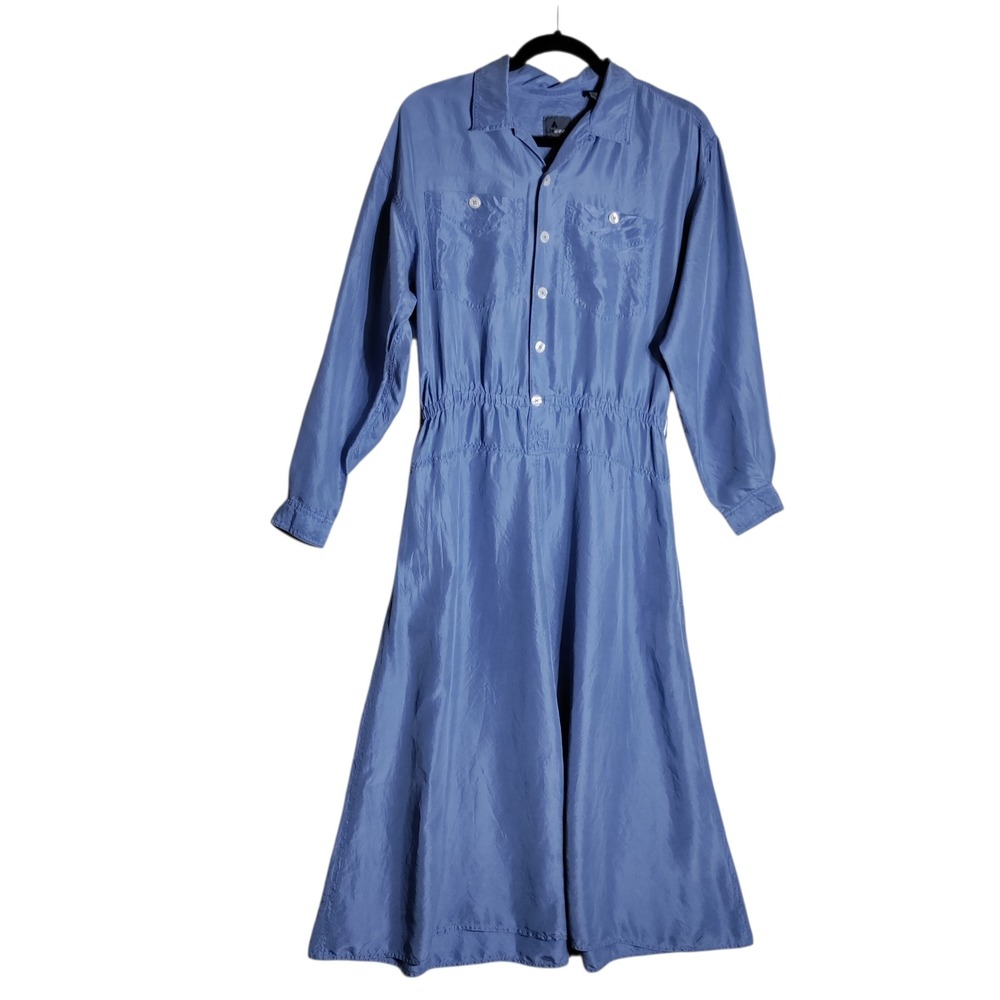 Lizwear‎ Petite Blue 100% Silk Shirt Dress Vintage Long Sleeve Midi Size PM